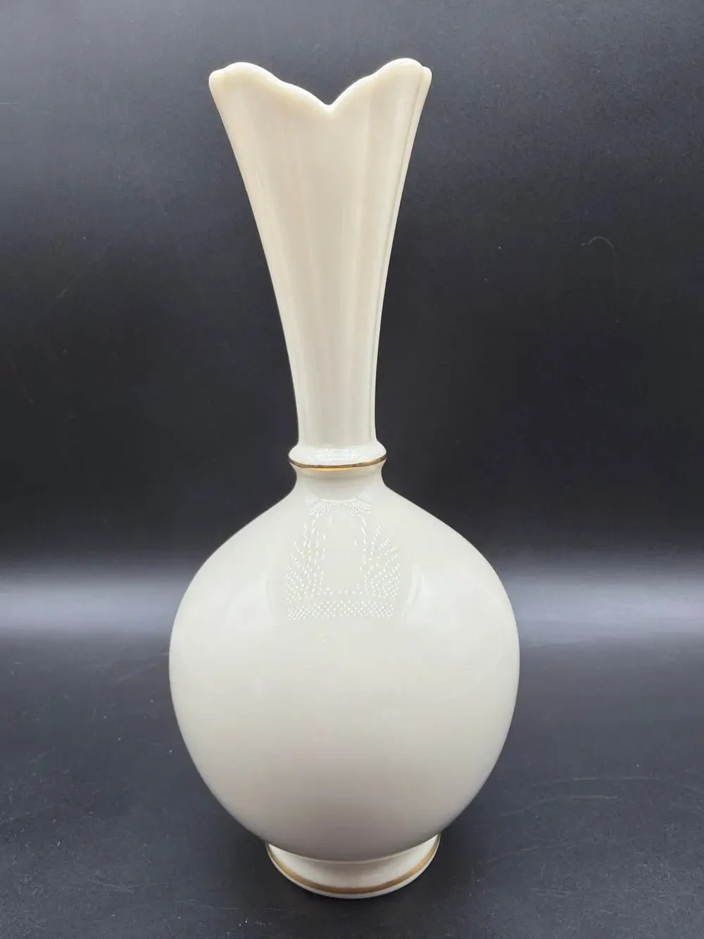 Vintage Lenox Cream Fine China Bud Vase 8” Gold Trim Made in USA Fluted Neck